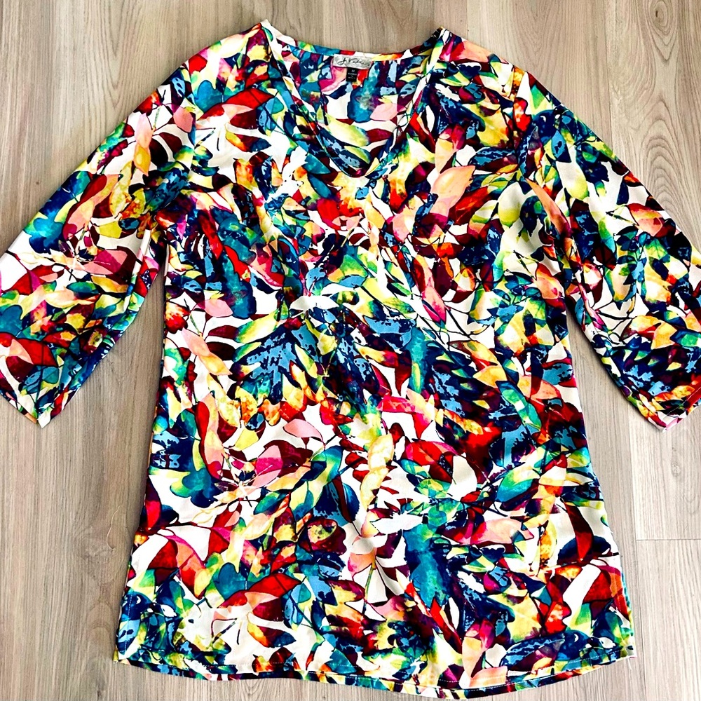J Valdi Swimsuit Cover Up/Sheer Tunic Top M Colorful Resort Beach Swim